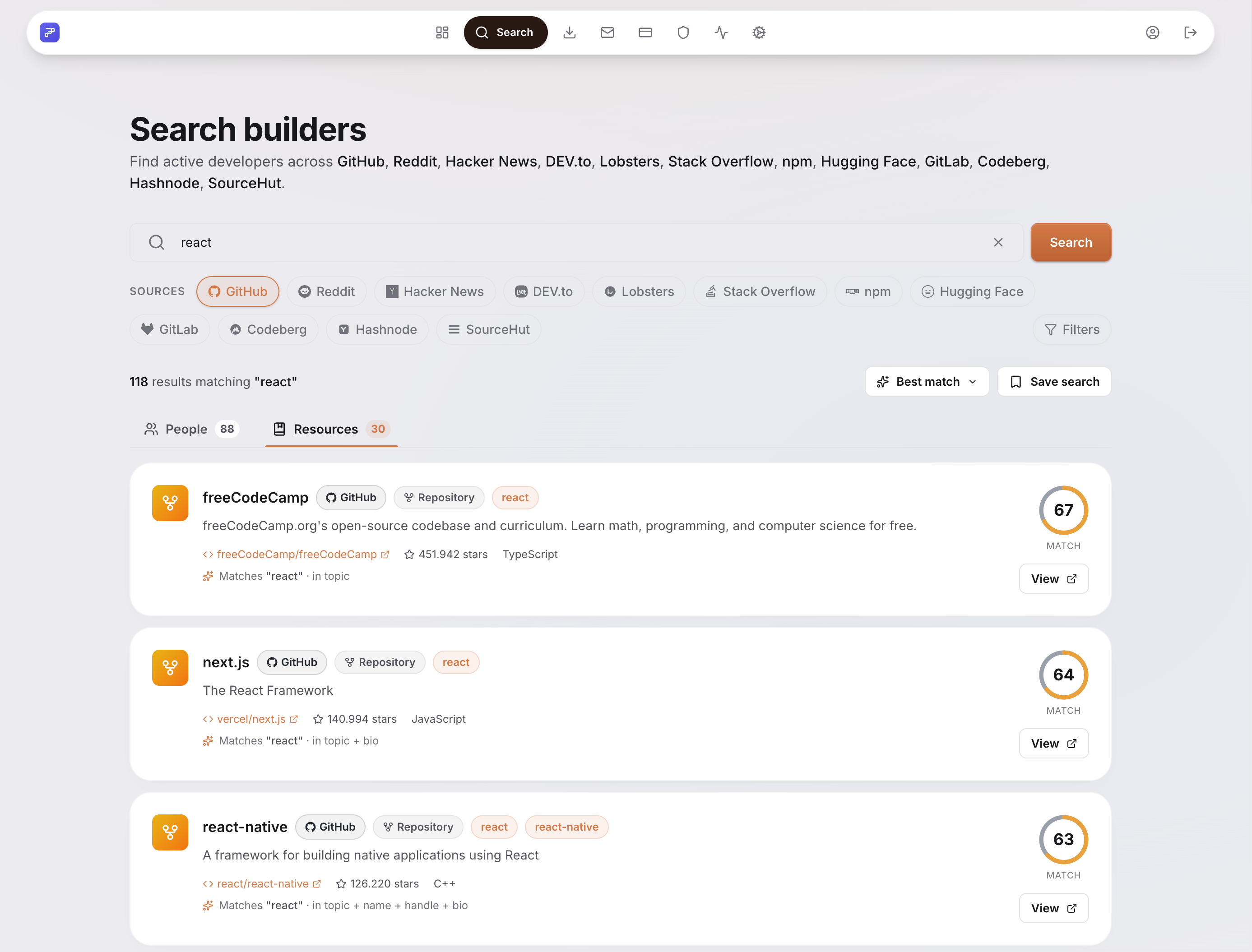 BuilderHunt's search page: 118 real results for “react” across GitHub, Reddit and other sources, each with a match score.